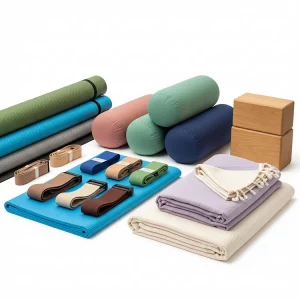 Yoga mats, bolsters, blocks, straps and blankets (please note: stock photograph, for display purposes only here)